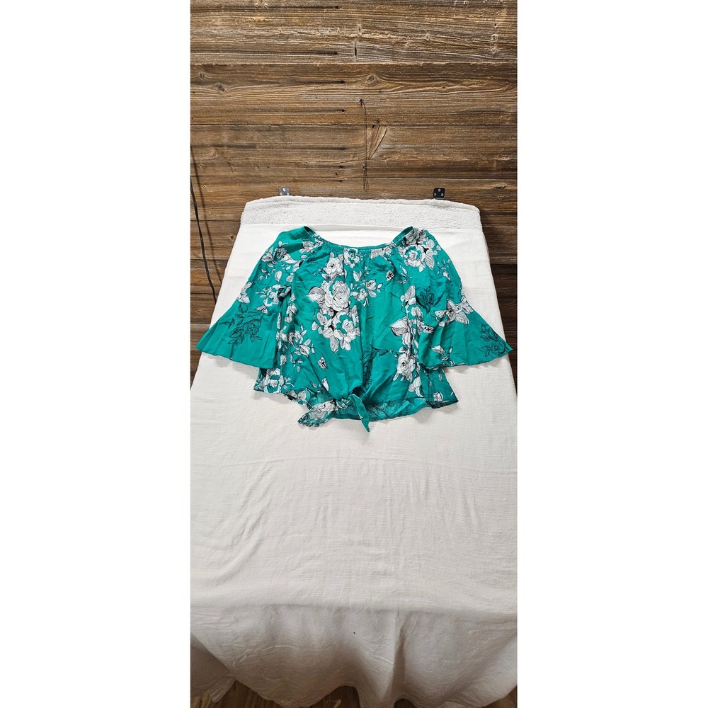 ST. 1946 Womens‎ Teal Green Floral Off Shoulder Bell Sleeve Tie Front Top XL
